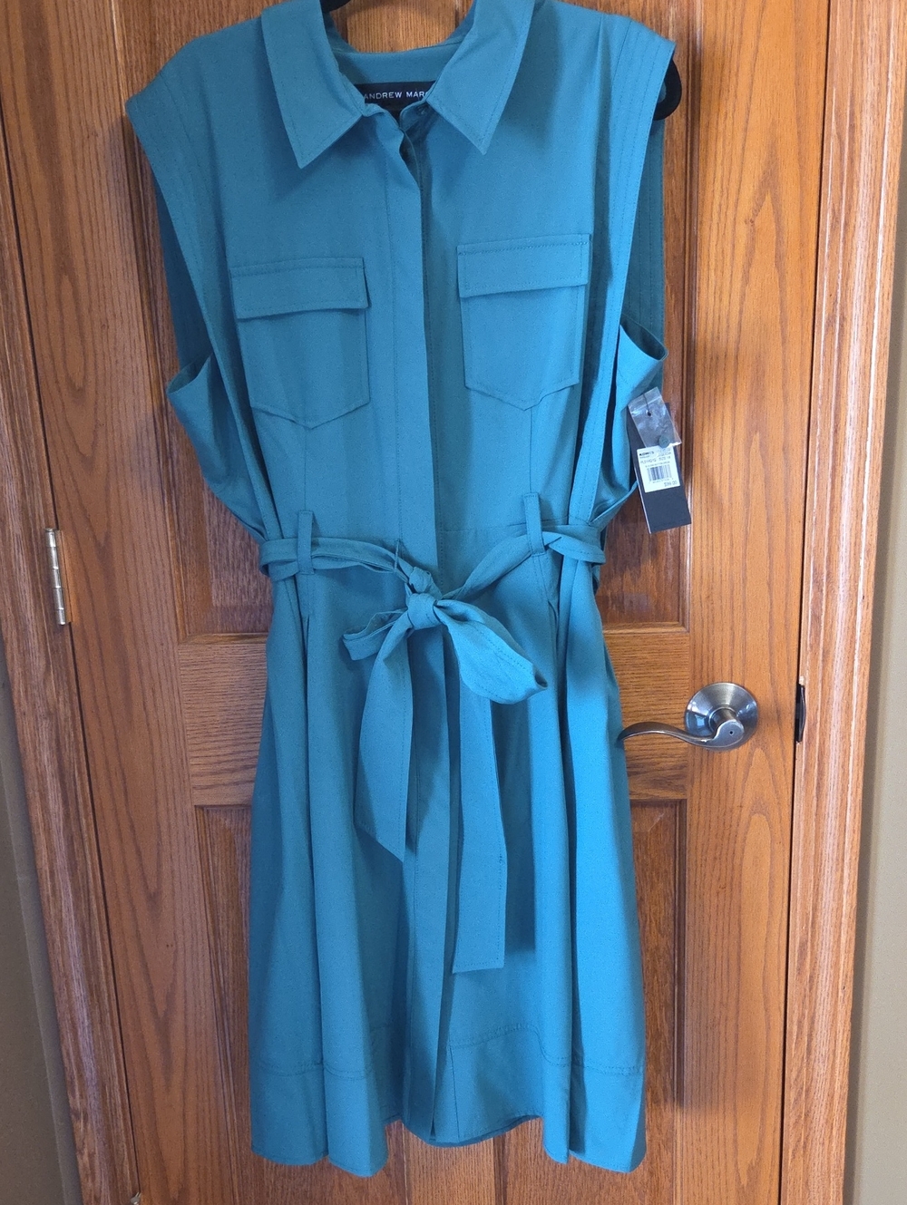 Andrew Marc Green Sleeveless Shirt Dress with Tie Waist